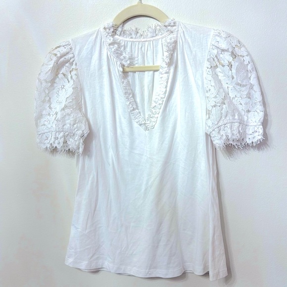 Revolve Generation Love Jess Lace Combo Top short sleeve puff sleeve V Neck - Picture 3 of 8